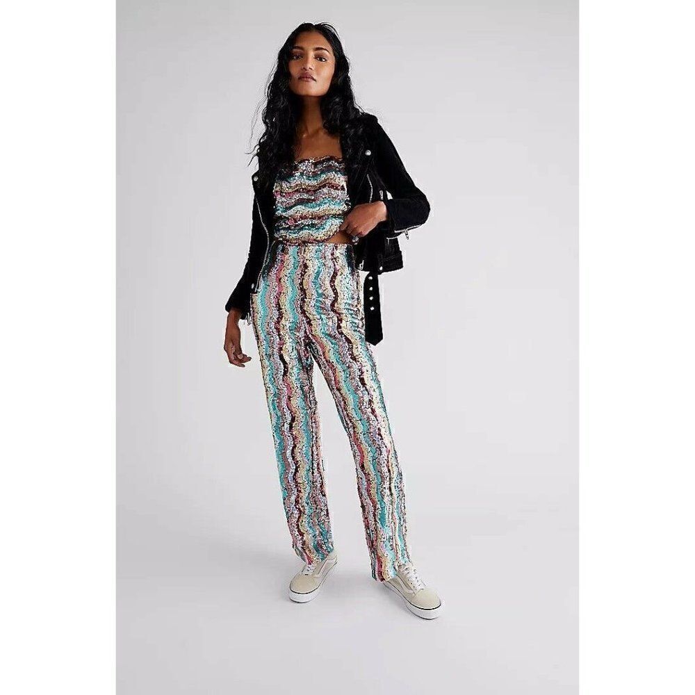 NEW FREE PEOPLE Sz 2 DISCO FLARE PANTS PULL ON RAINBOW SEQUIN PANTS - Picture 1 of 3